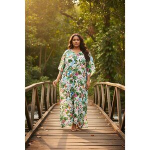 Gypsie Blu Green Tropical Leaf Print Polyester Kaftan Cover Up for Beachwear